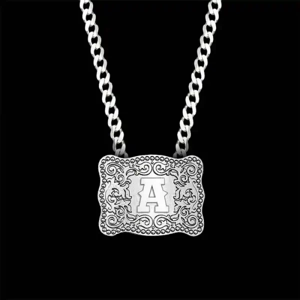 Shop the Mini Buckle Pendant by Molly's Custom Silver! Hand-engraved, customizable Western jewelry crafted in silver, copper, or jeweler's bronze. Personalize it with your initial and get a discounted sterling silver chain. Perfect for adding Western char